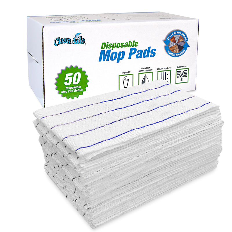 Load image into Gallery viewer, CleanAide Disposable Microfiber Mop Pads in Dispenser Box, 50 Pack, White with Blue Stripes
