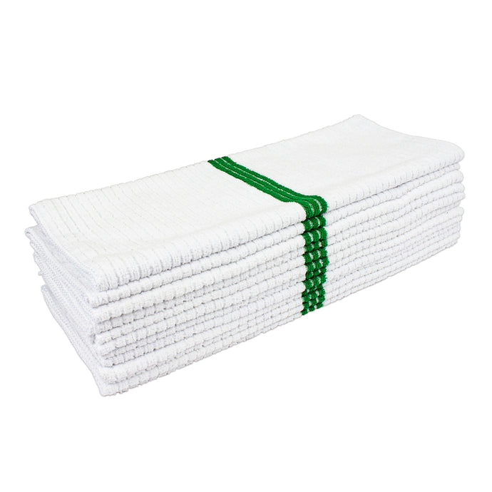 Eurow Microfiber Ribbed Bar Mop Towel 14x28 Inches with Green Stripe, 12 Pack